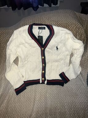 Knock OFF- Ralph Lauren Polo White Cable-Knit Cardigan with Navy & Red Trim